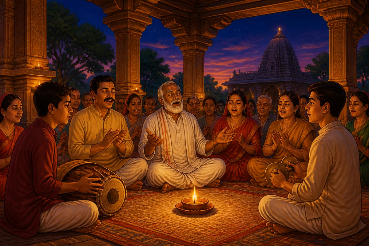 A circle of village devotees singing a slow bhajan in a temple courtyard at dusk