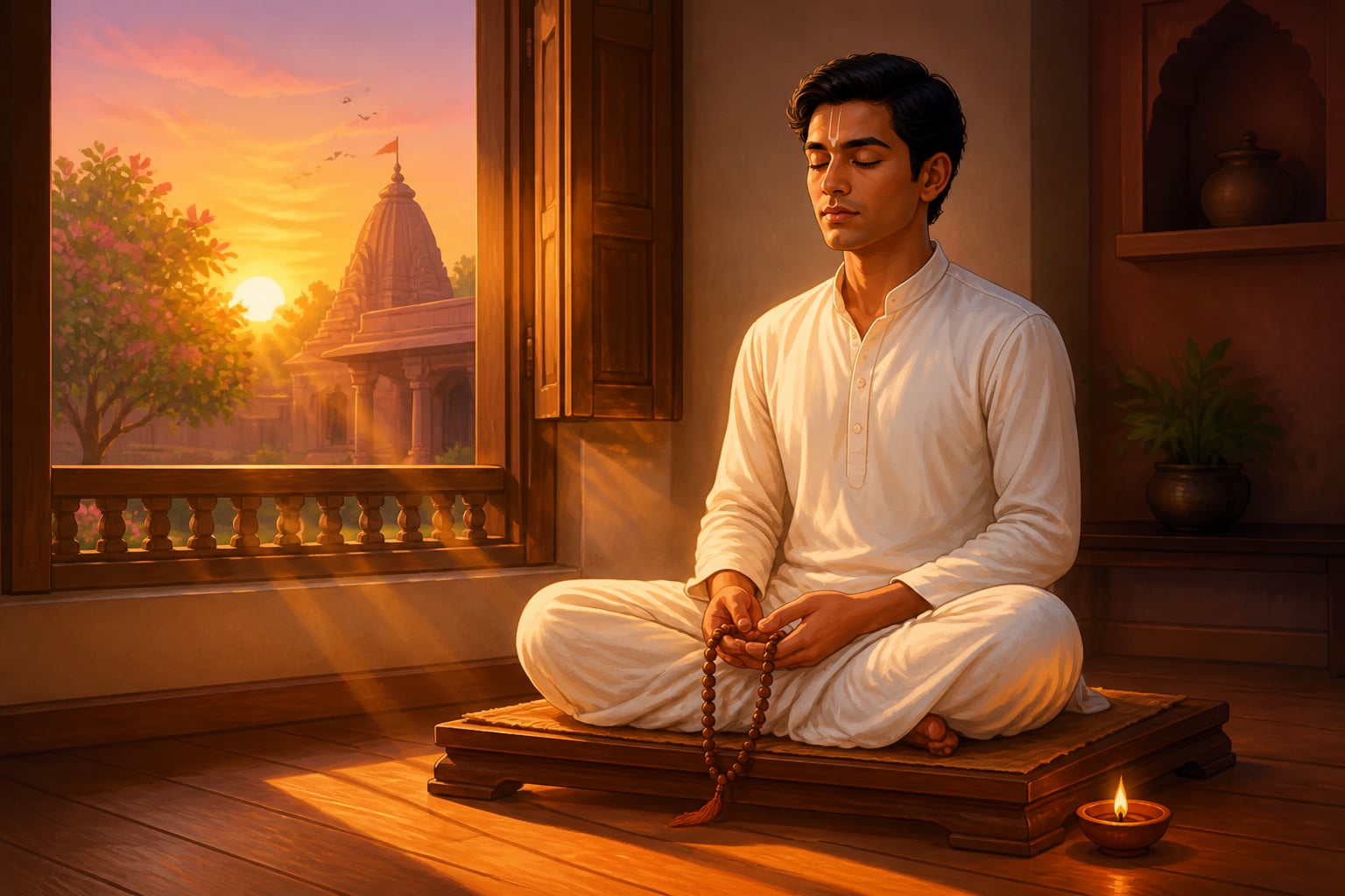 A householder in silent dhyana at sunrise after completing japa