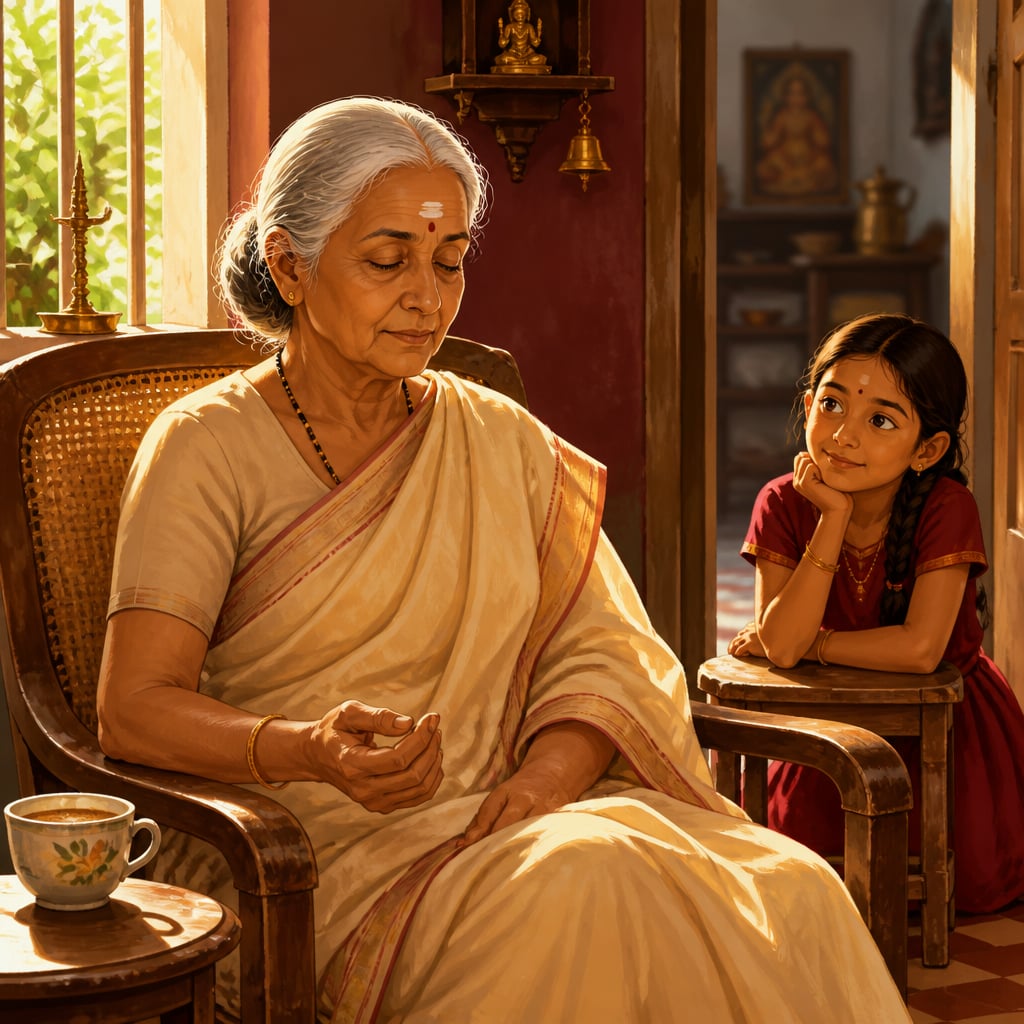 A Mylapore grandmother counting japa on her fingers in a cane chair