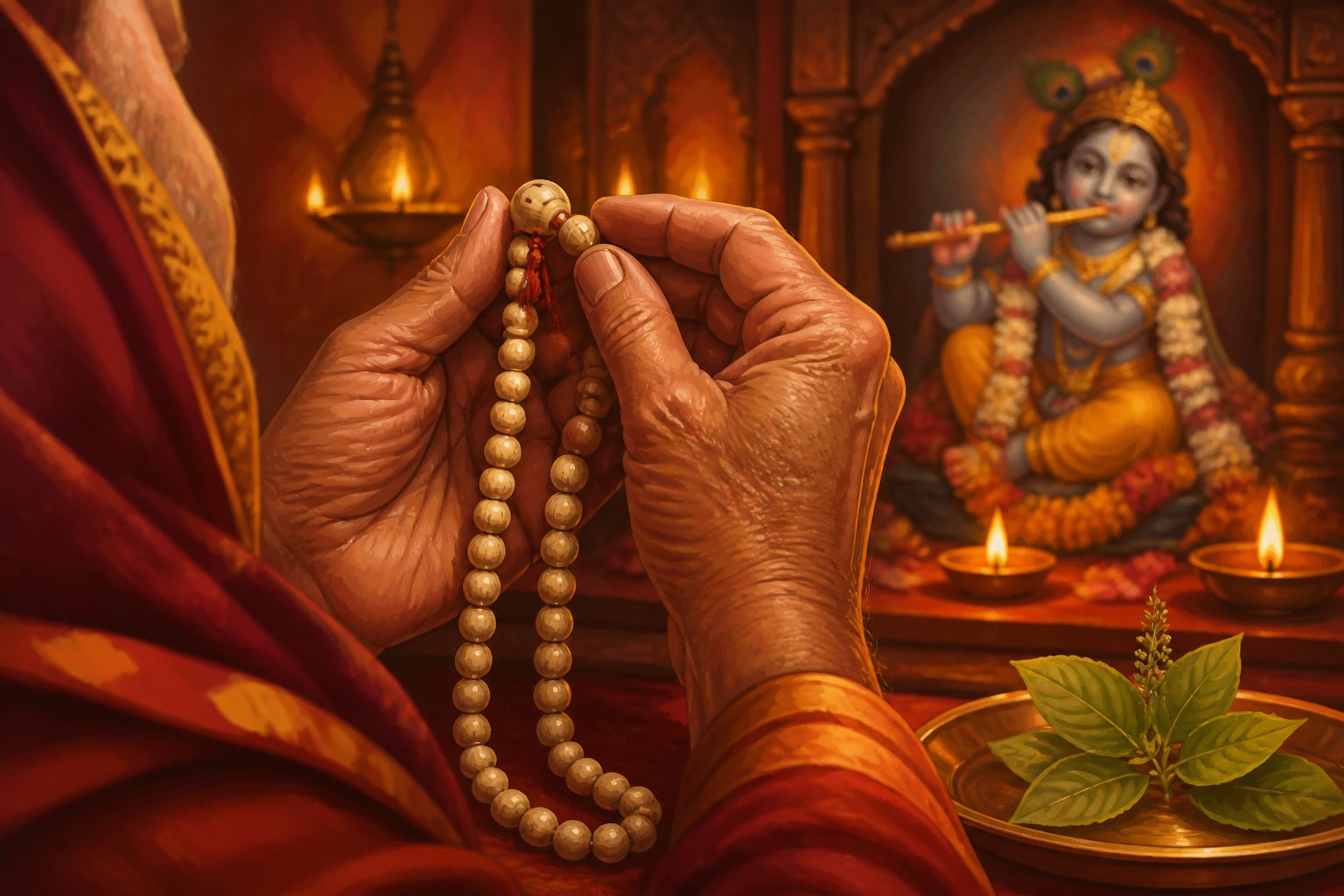 Weathered hands counting a tulasi mala of 108 beads at a Mathura shrine