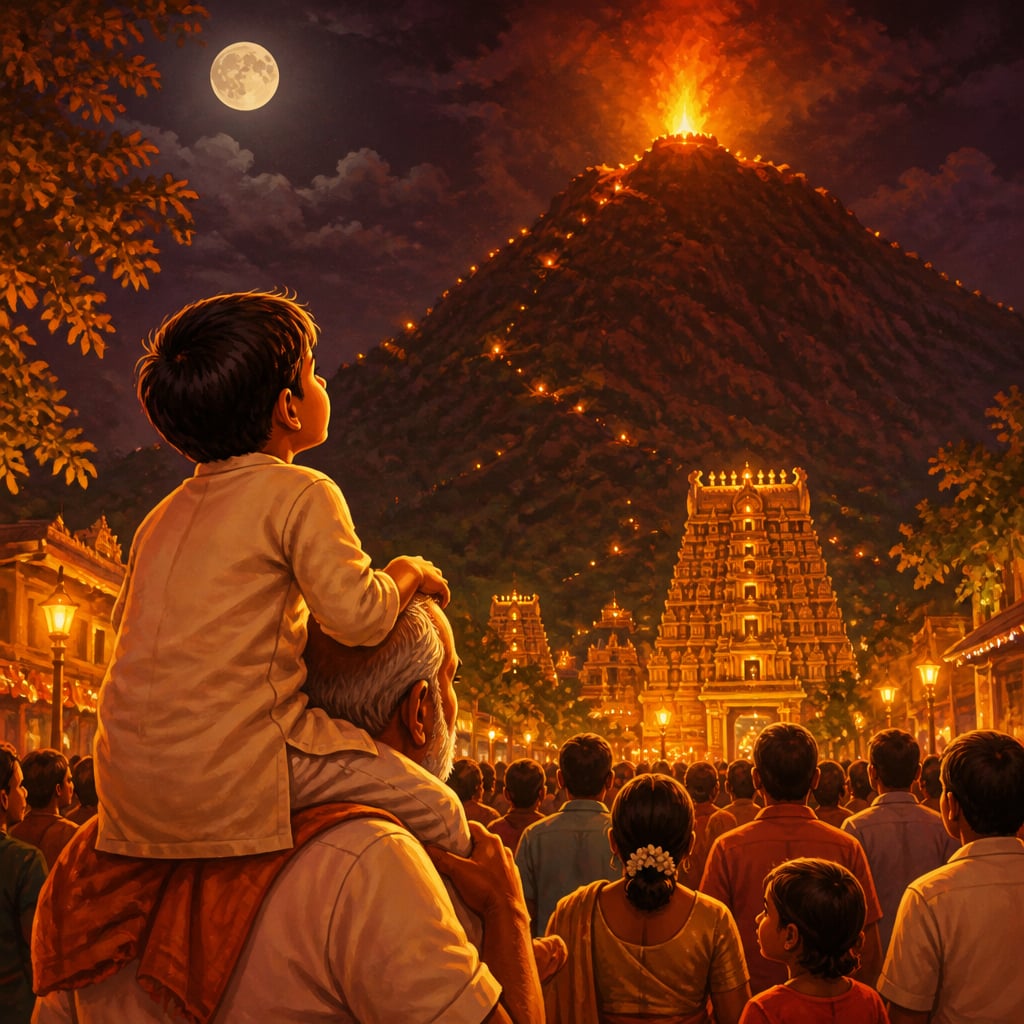 A boy on his grandfather's shoulders watching the Karthigai mahadeepam at Tiruvannamalai