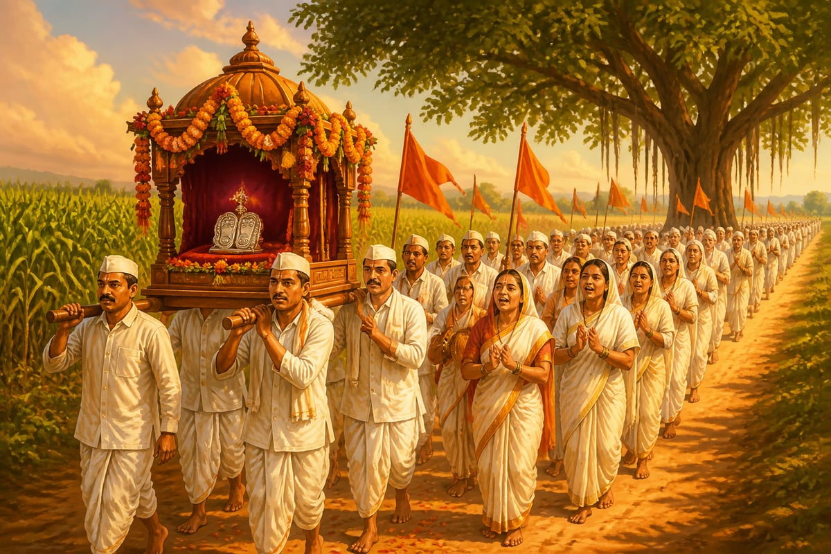 Warkari pilgrims carrying Sant Dnyaneshwar's paduka palanquin to Pandharpur