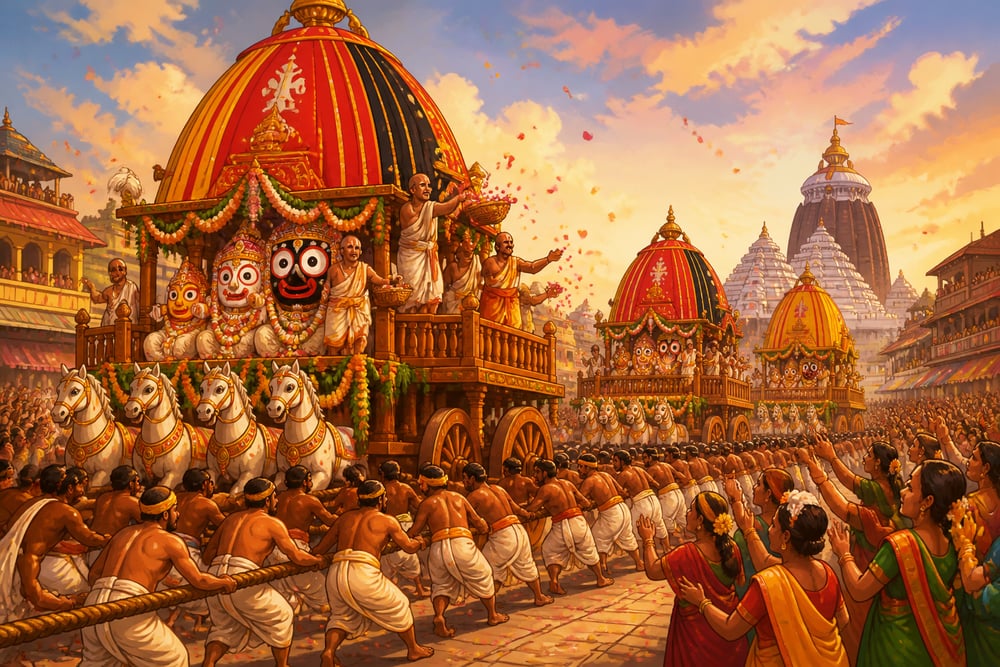The massive wooden ratha being pulled through Puri streets during Rathotsav
