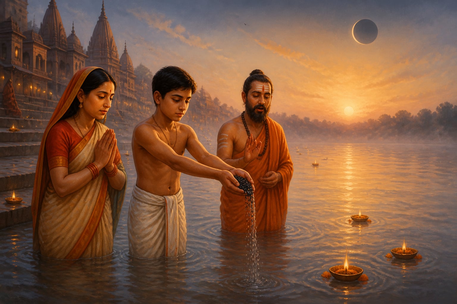 Family at the Varanasi ghats offering tarpan to ancestors on Amavasya