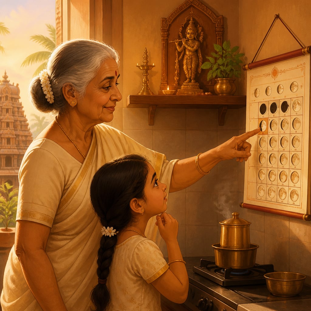 Tamil grandmother checking tomorrow's tithi on the kitchen wall calendar