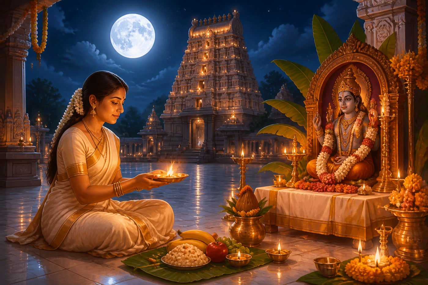 Devotee performing Satyanarayana puja under the full Pournami moon