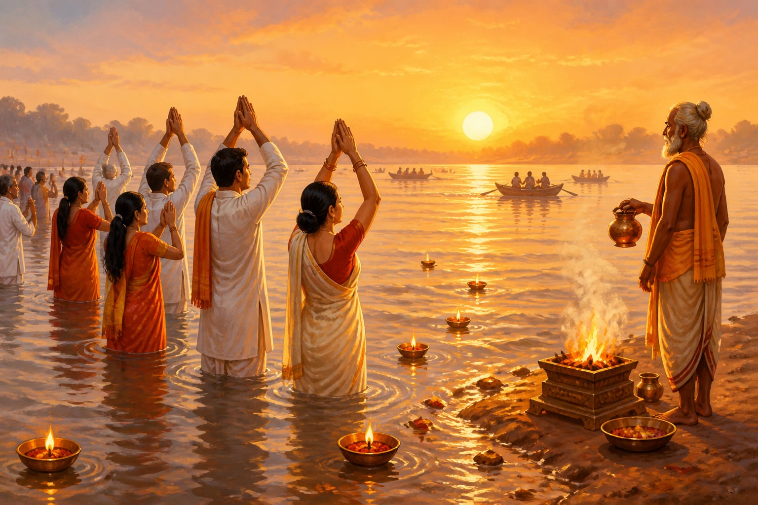Devotees bathing at the Triveni Sangam on Sankranti dawn