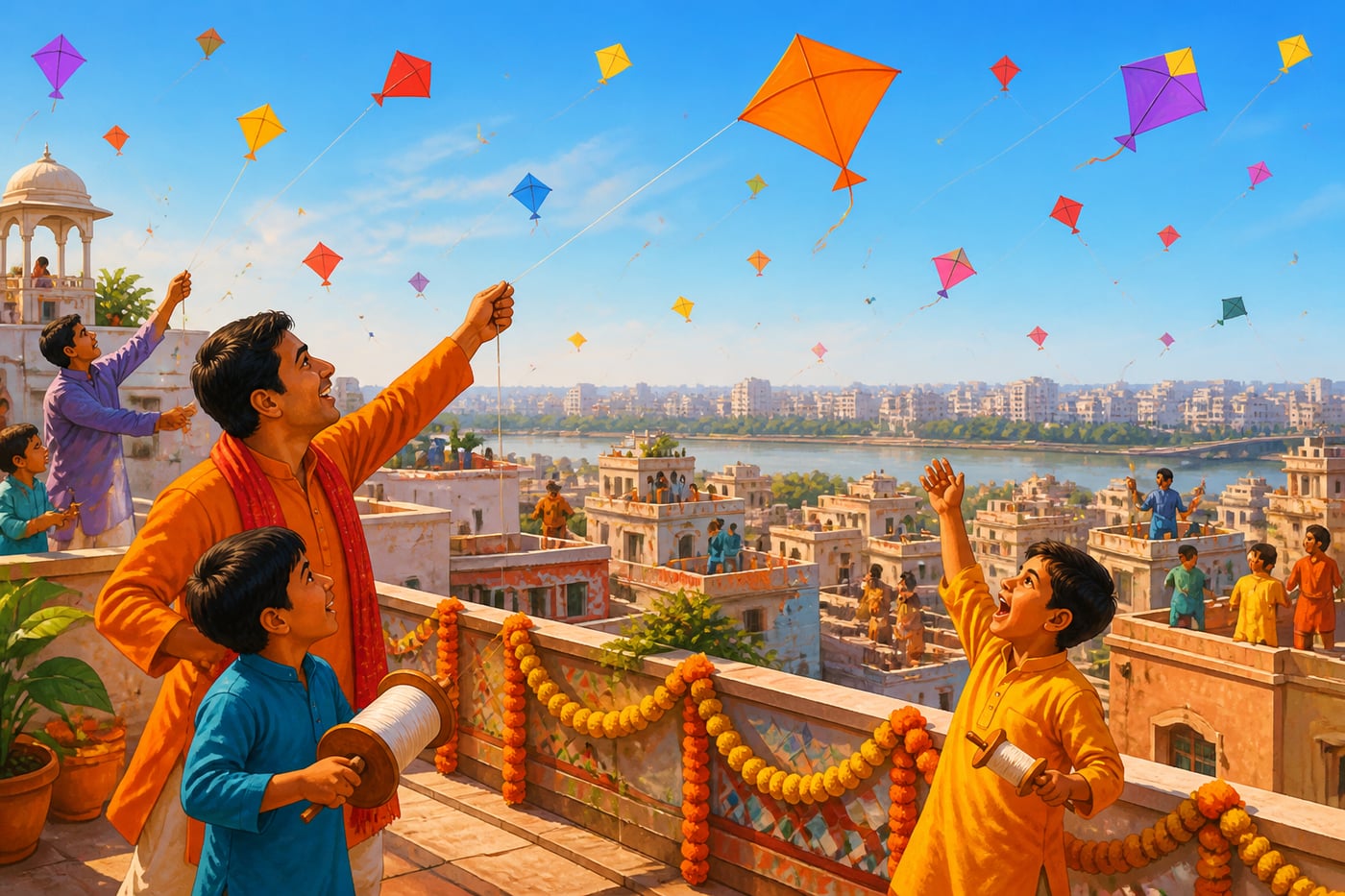 Ahmedabad rooftops filled with kites on Uttarayan morning