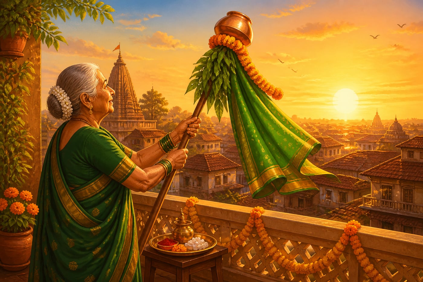 Marathi aaji hoisting the Gudi pole over her Pune balcony