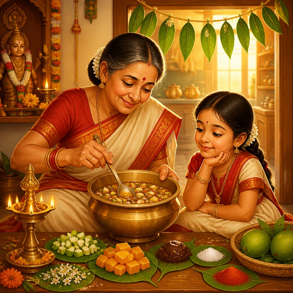 Telugu grandmother preparing the six-taste Ugadi pachadi at dawn