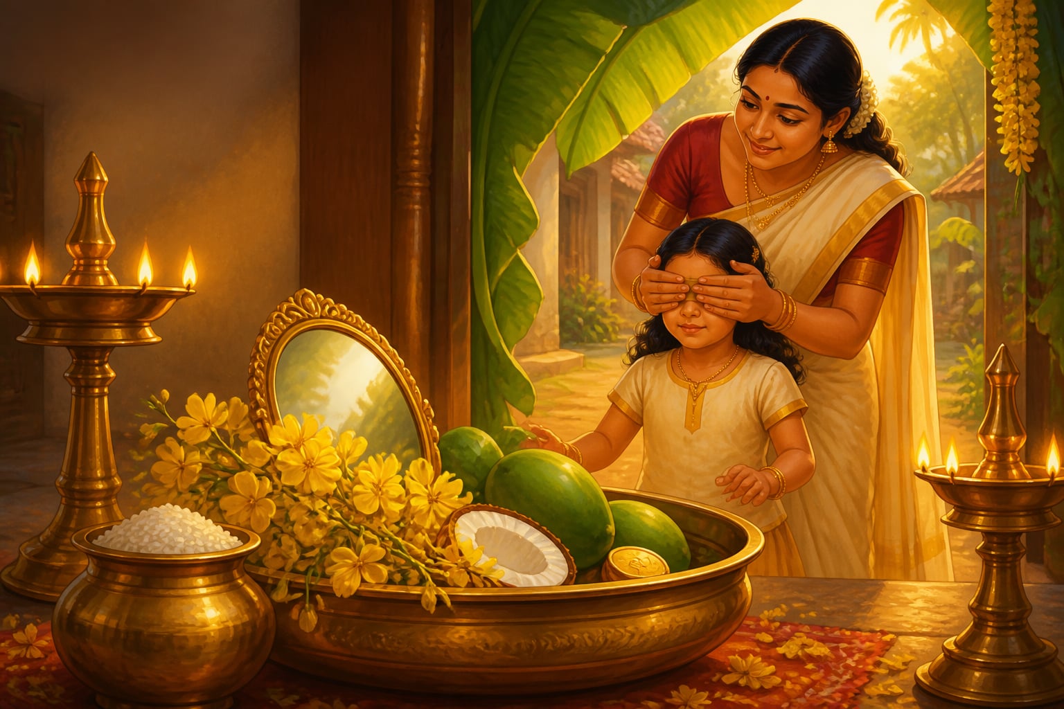 Mother leading her child to the Vishukkani sight at first light