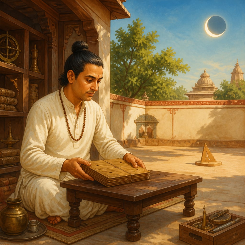 Aryabhata closing his manuscript before the 499 CE eclipse