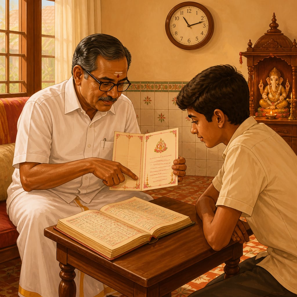 Retired bank officer showing his nephew the wedding muhurtam line