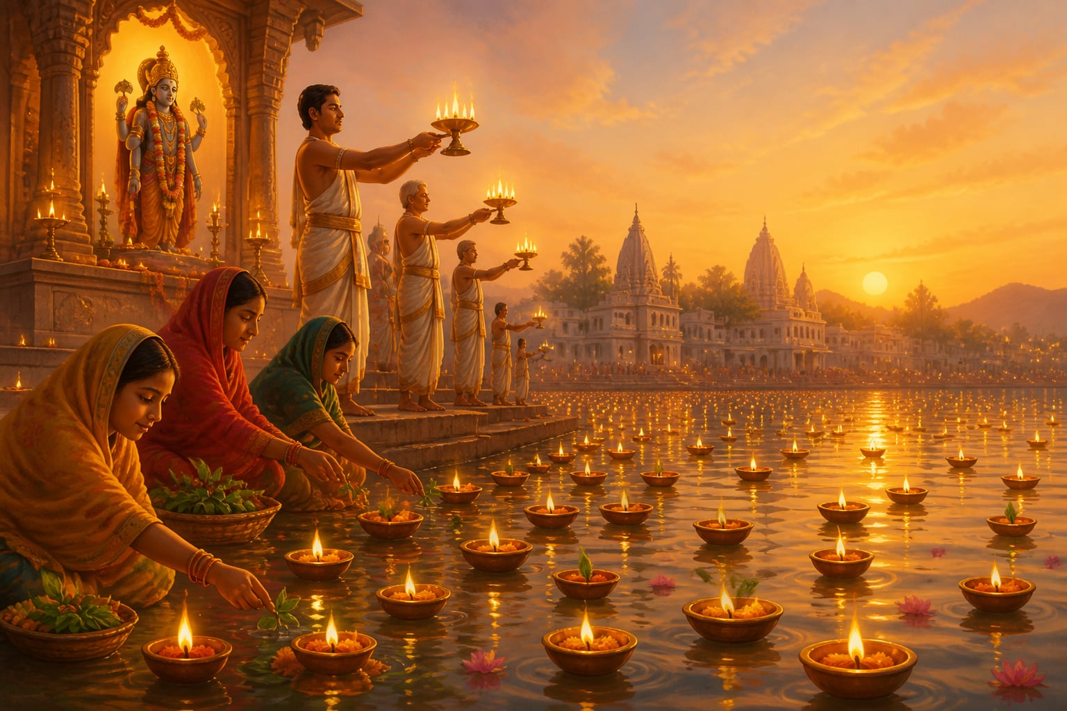 Kartik aarti at Pushkar lake with floating diyas at dawn