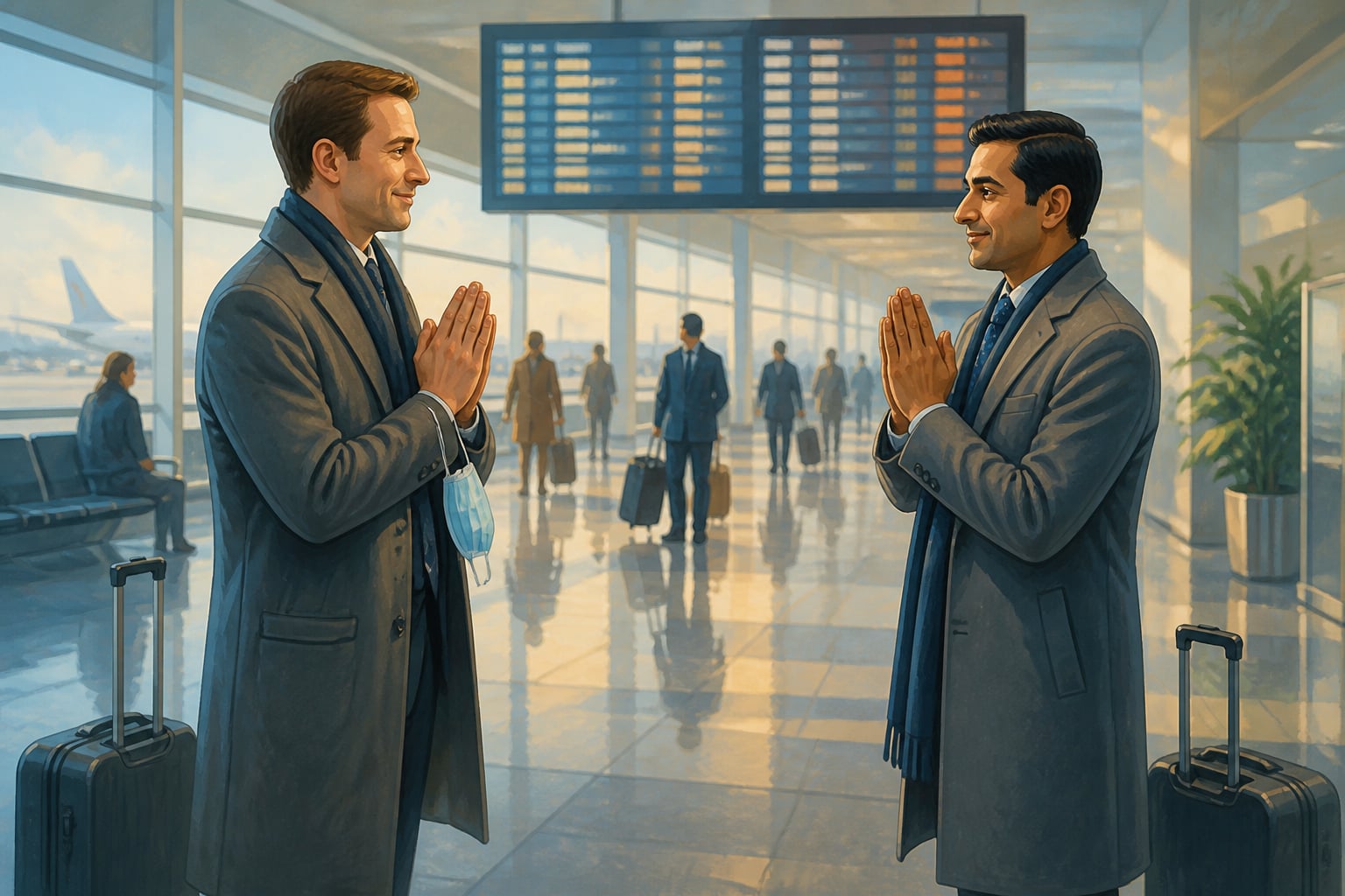 Two Western travellers greeting with namaste in March 2020