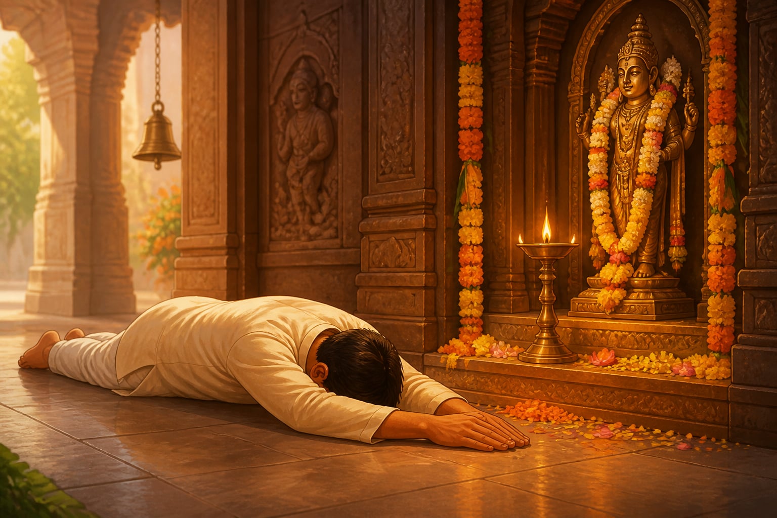 Young man performing sashtanga pranama at a temple