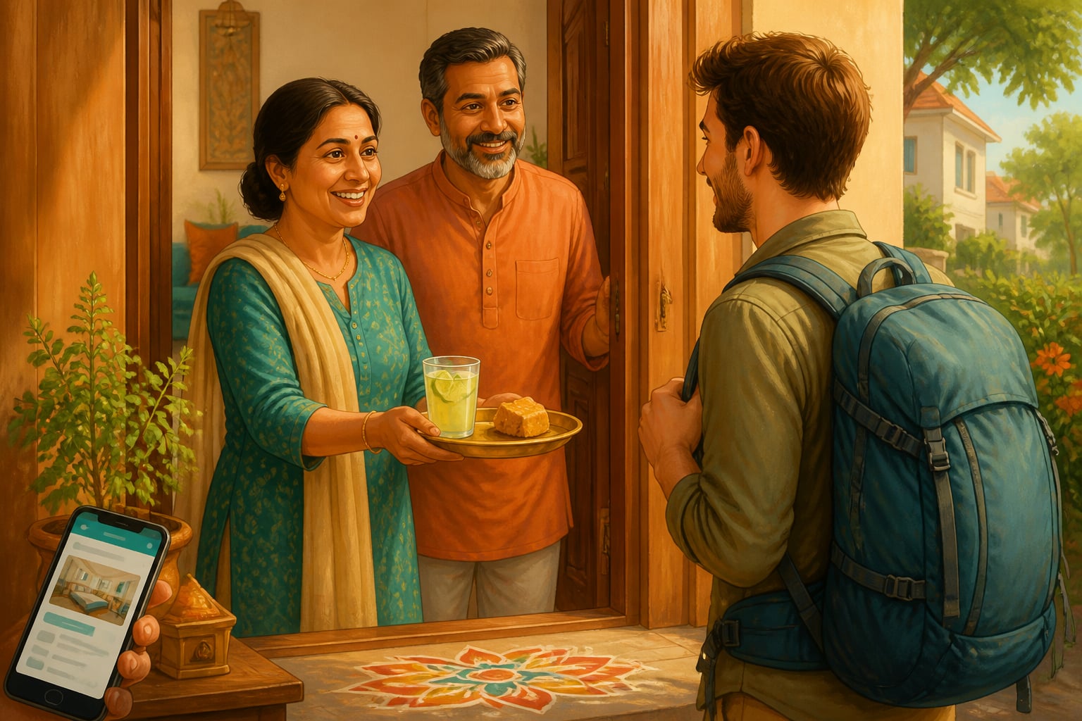 Indian hosts welcoming a backpacker at their Bengaluru home