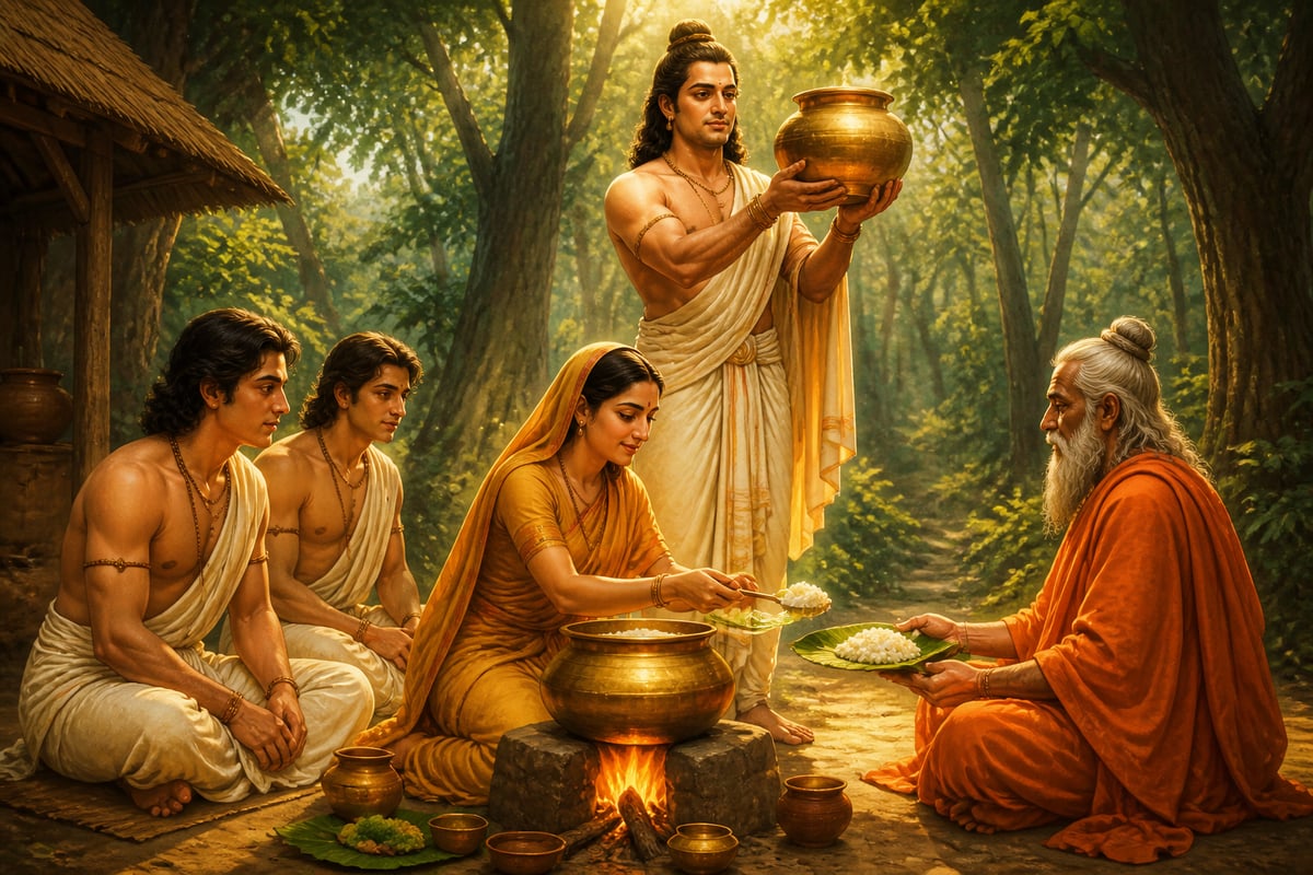 Yudhishthira holding the Akshaya Patra in forest exile