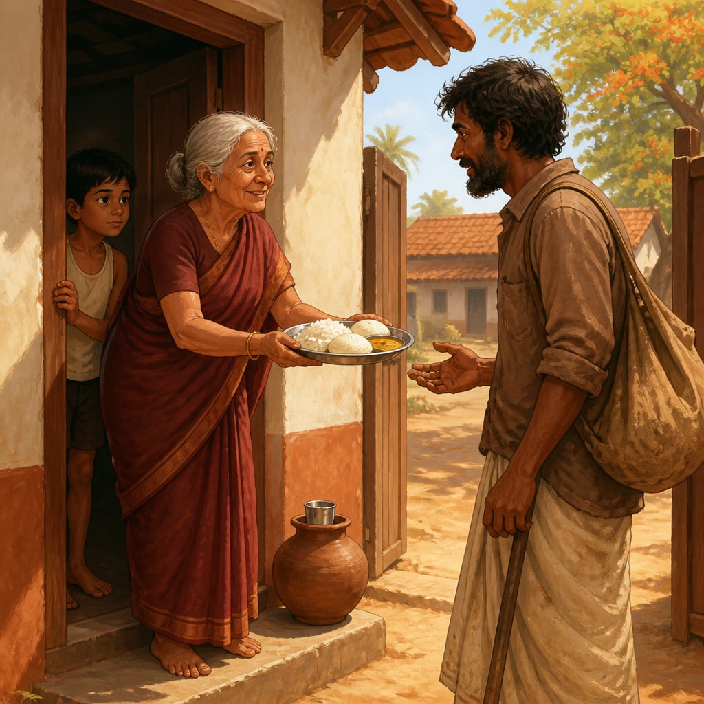 Tamil grandmother offering food to a stranger at her village gate