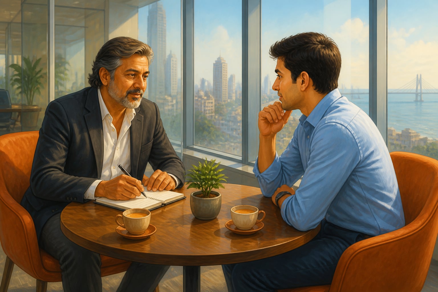 Modern executive coaching session in a glass meeting room