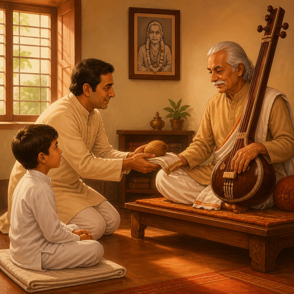 Boy with father at a music gurudev's house in Sadashiv Peth Pune
