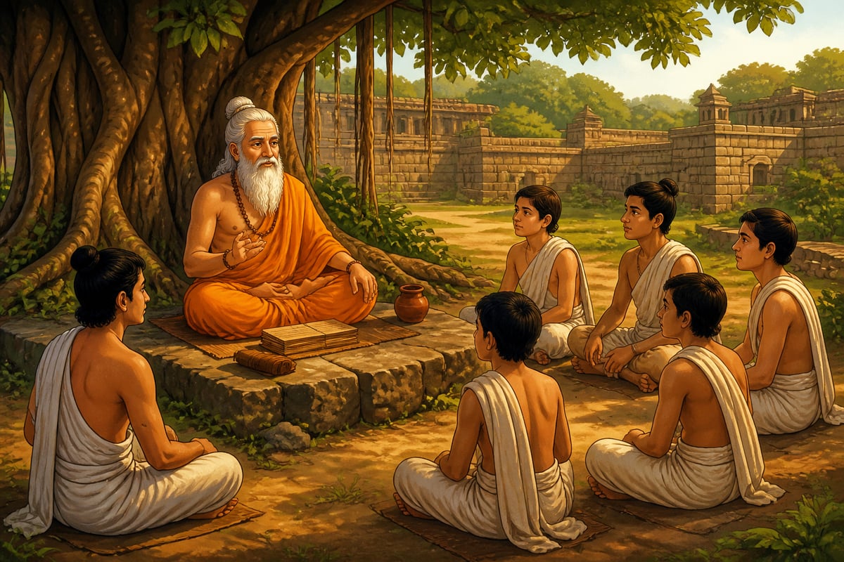 Acharya teaching shishyas under a banyan at ancient Taxila