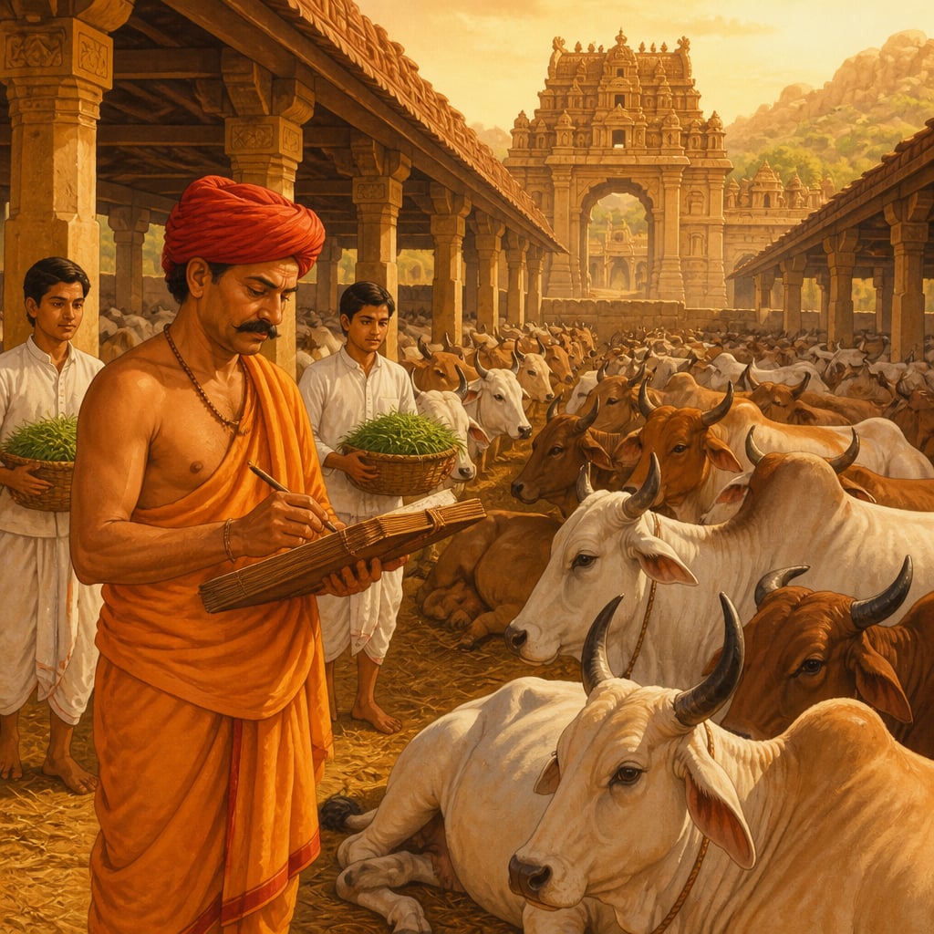 Cowherd counting cows at the Vijayanagara imperial goshala