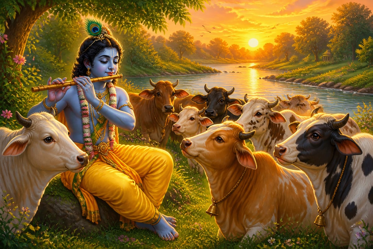 Krishna playing the flute to a herd of cows by the Yamuna