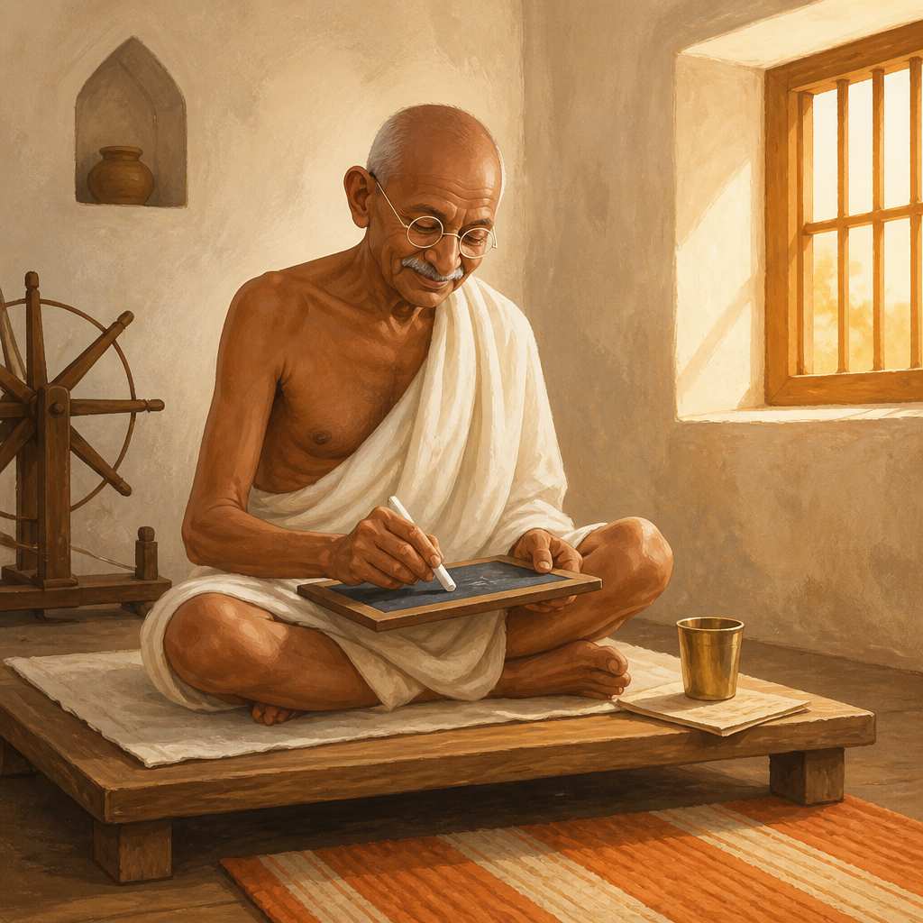 Gandhi keeping his Monday silence at Sevagram