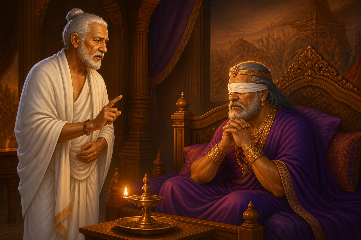 Vidura warning King Dhritarashtra in his palace chamber