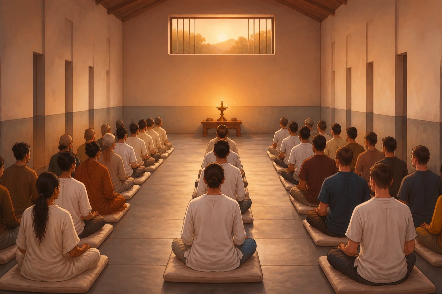 Meditation hall at the Igatpuri Vipassana centre at dawn