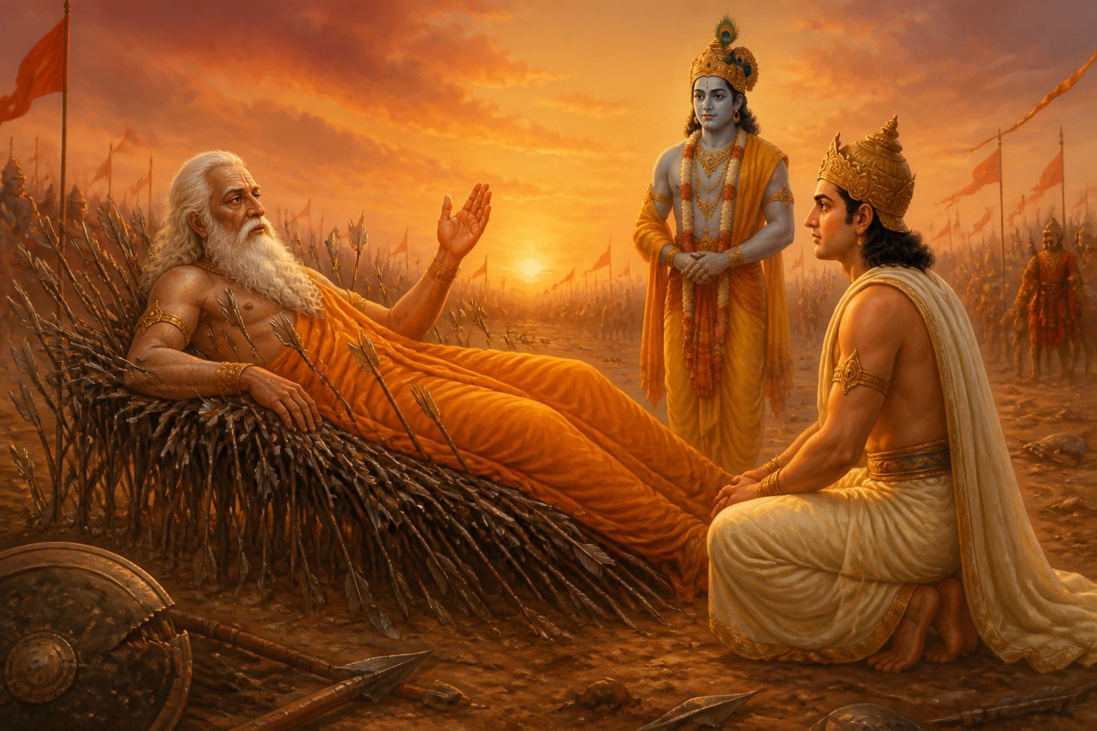 Bhishma on the bed of arrows teaching daana to Yudhishthira