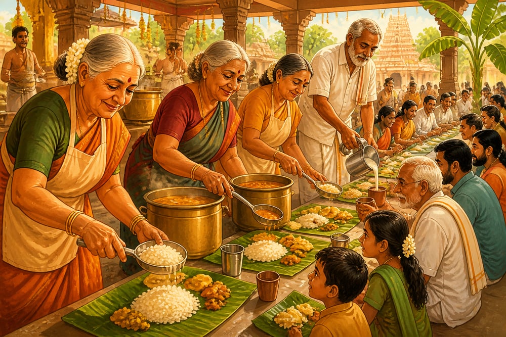 Temple community kitchen serving rice to pilgrims