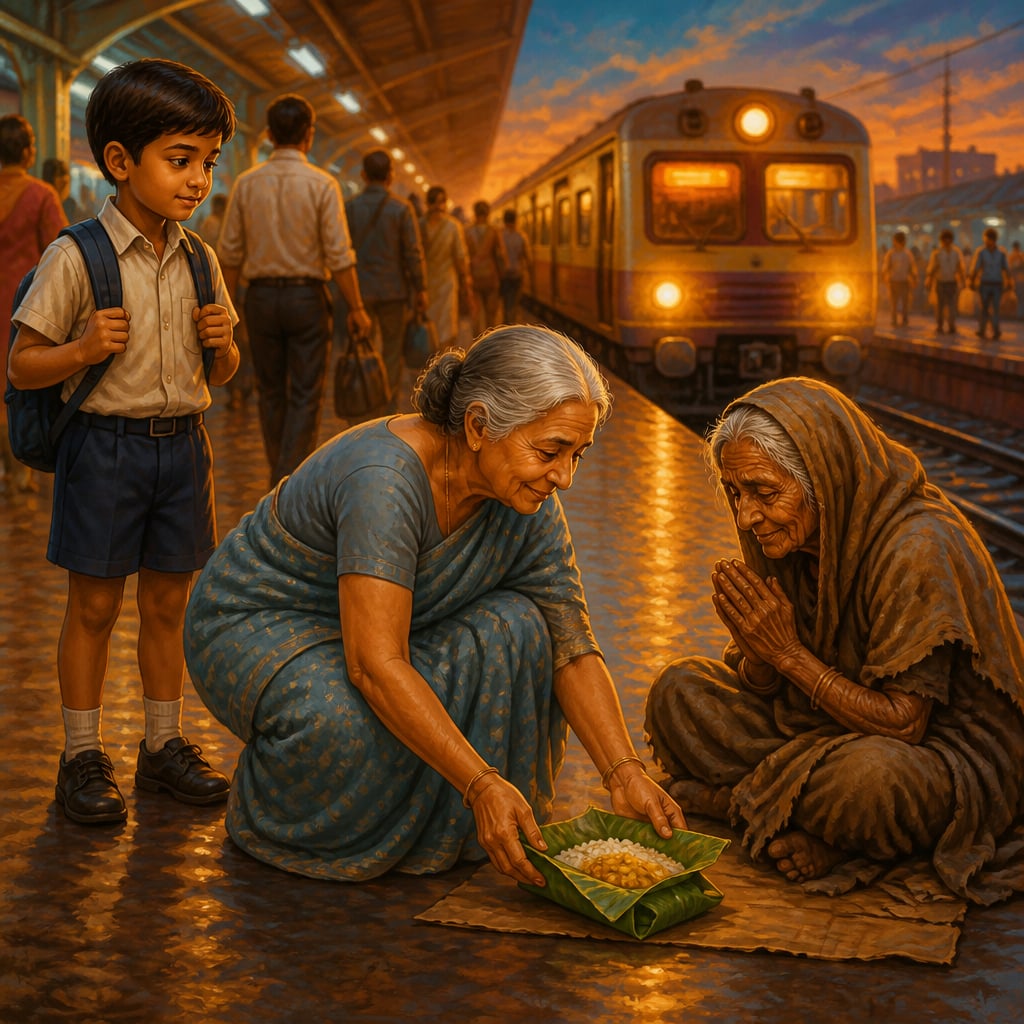 Grandmother placing food beside a destitute woman at Dadar platform
