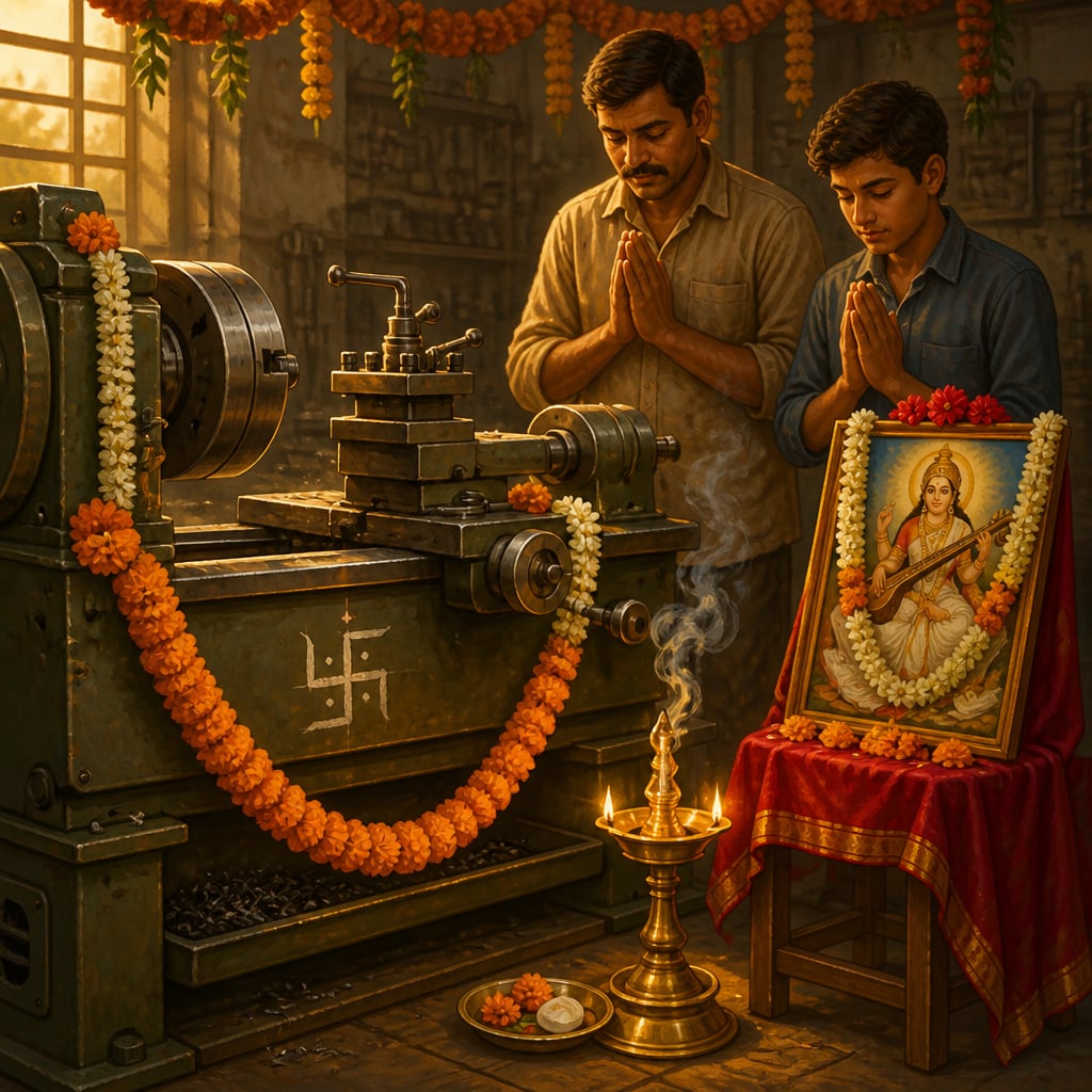 Bangalore workshop lathe garlanded for Ayudha Puja