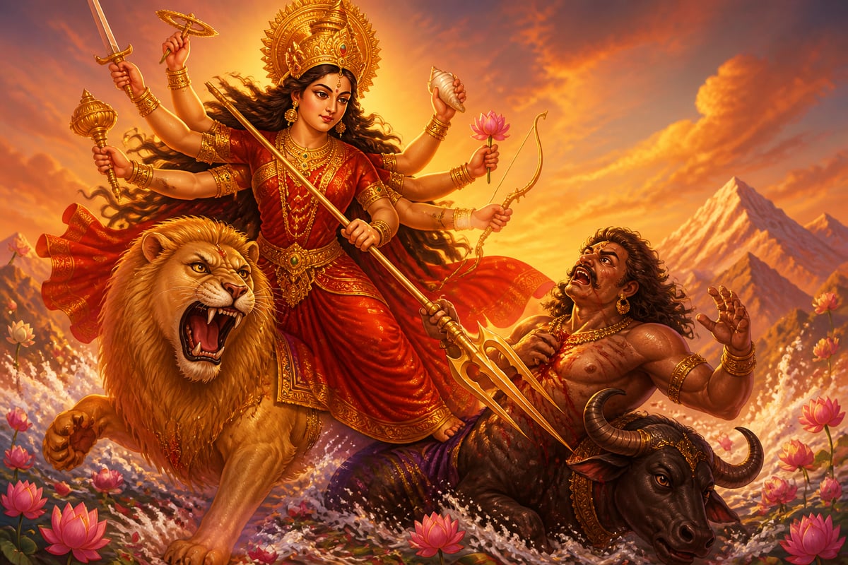 Durga slaying Mahishasura on Vijayadashami dawn