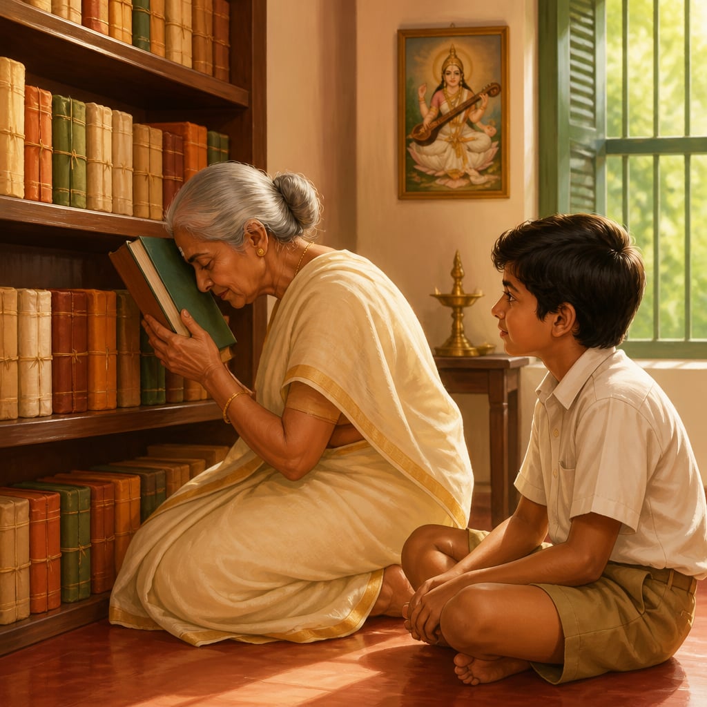 Chennai grandmother touching a fallen book to her forehead