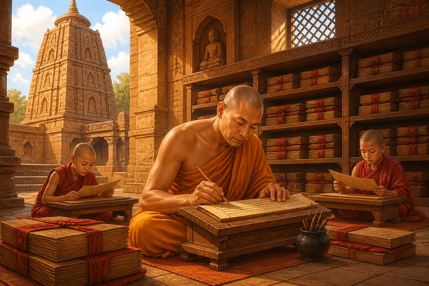 Nalanda mahavihara library monk copying a palm-leaf manuscript