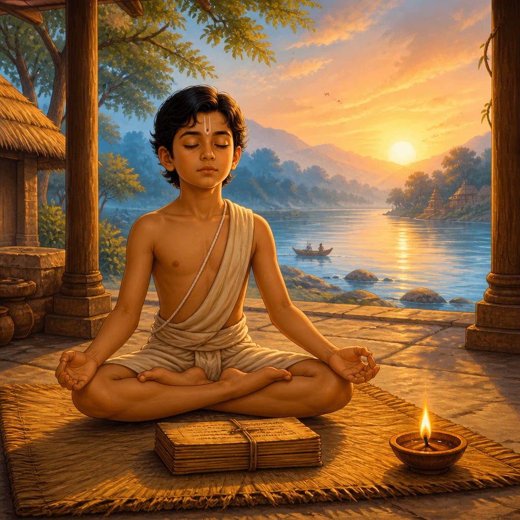 Vedic student Aruni at a Ganga gurukul at dawn