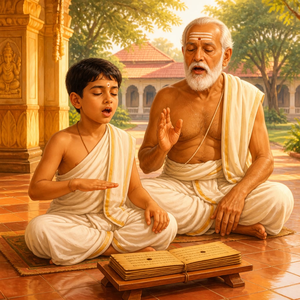 Anirudh and his grandfather chanting Rig Veda at Mysuru
