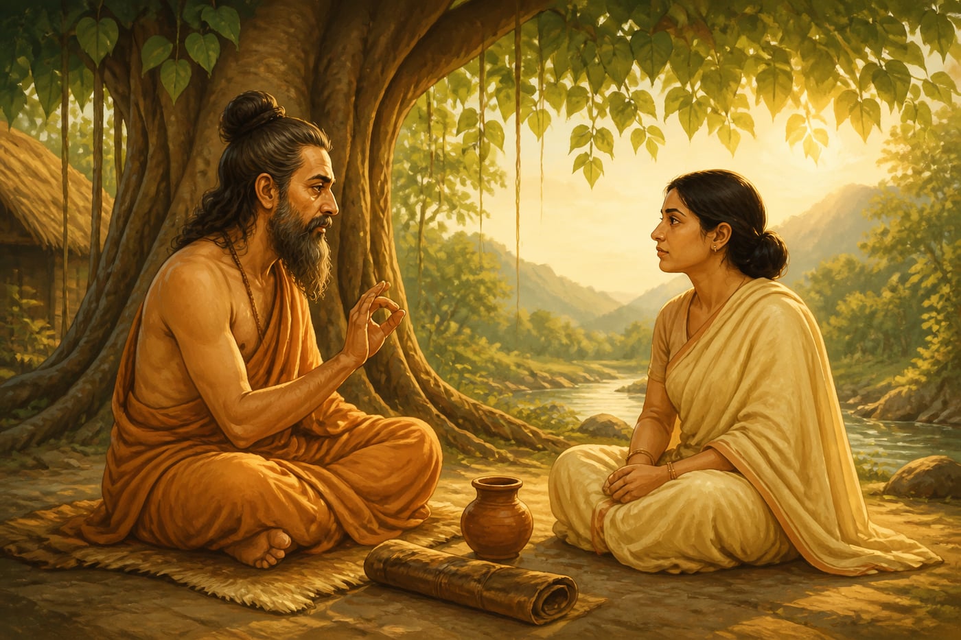 Yajnavalkya teaching Maitreyi under a banyan tree