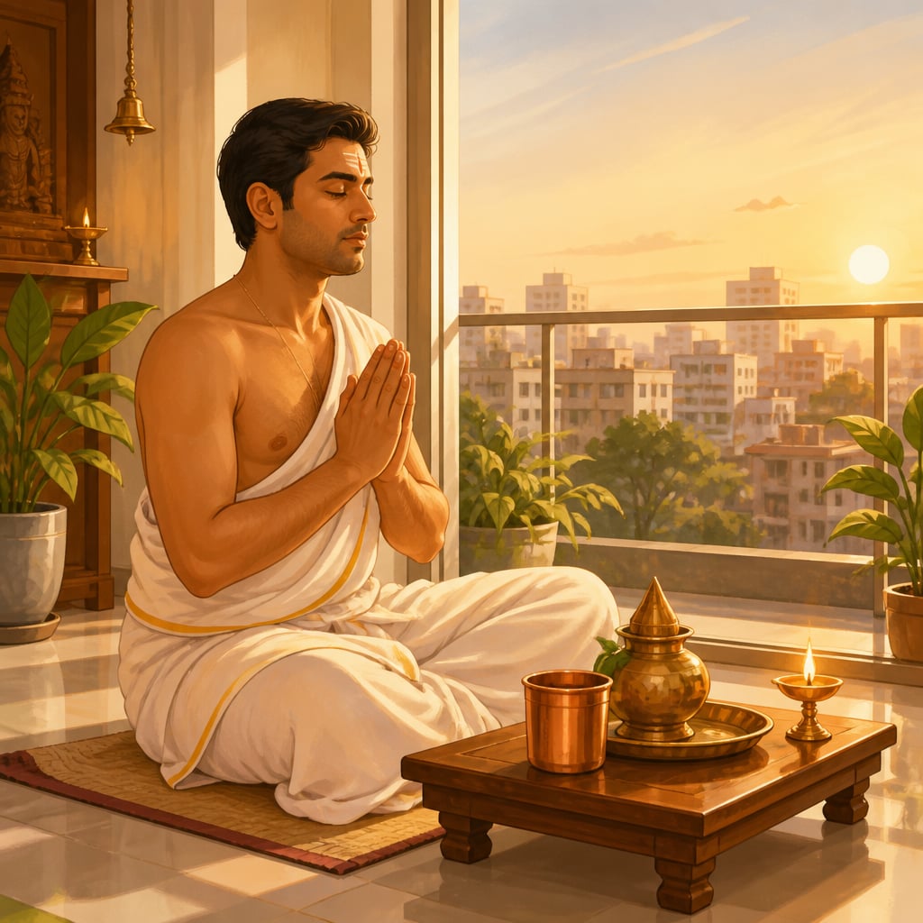 Bengaluru flat morning Sandhya Vandanam at the home altar