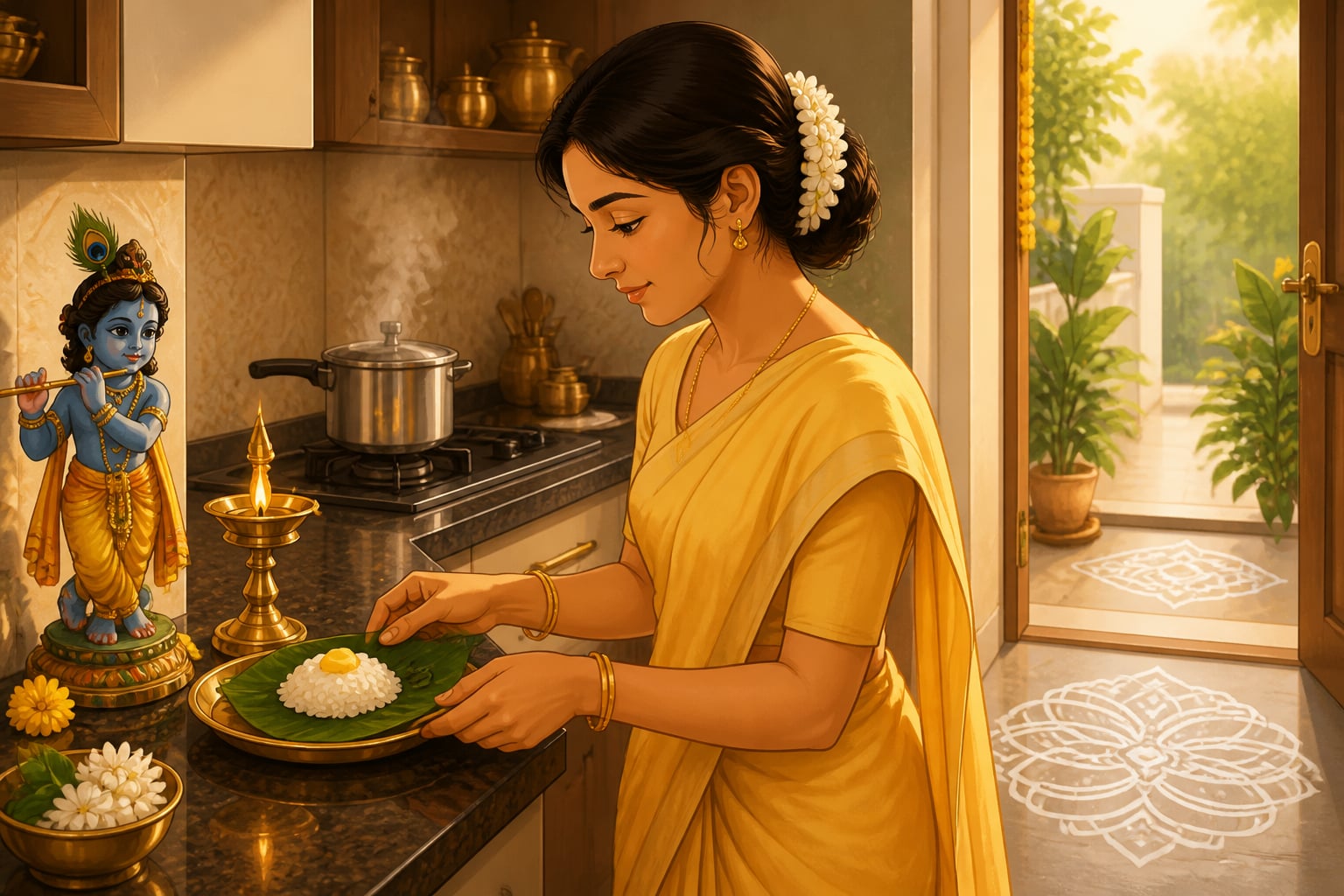 Bengaluru flat kitchen kolam and naivedya offering at dawn