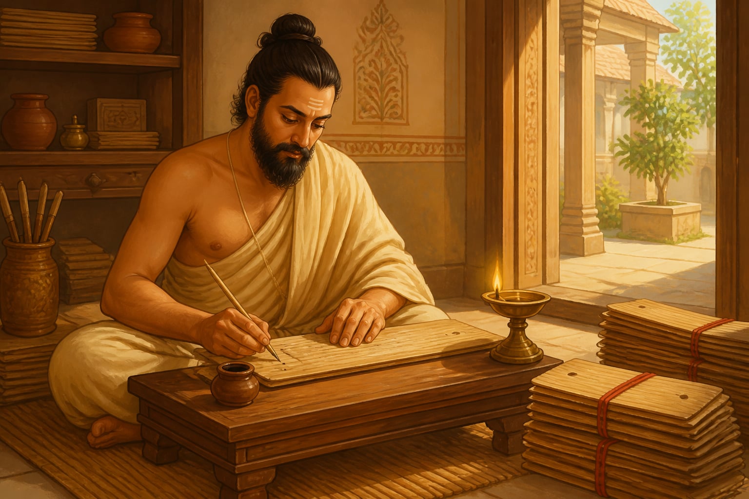 Vatsyayana inscribing the Kamasutra at his Pataliputra desk