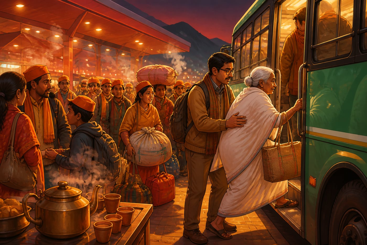 An elderly pilgrim grandmother boarding the Char Dham yatra bus at Haridwar before dawn