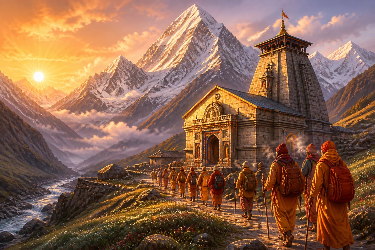 Kedarnath temple at first light beneath the snow-capped Kedardome peak