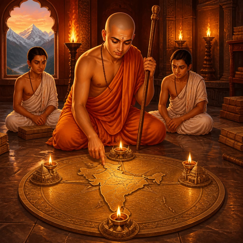 Adi Shankaracharya planning the four mathas at the four compass points of Bharat