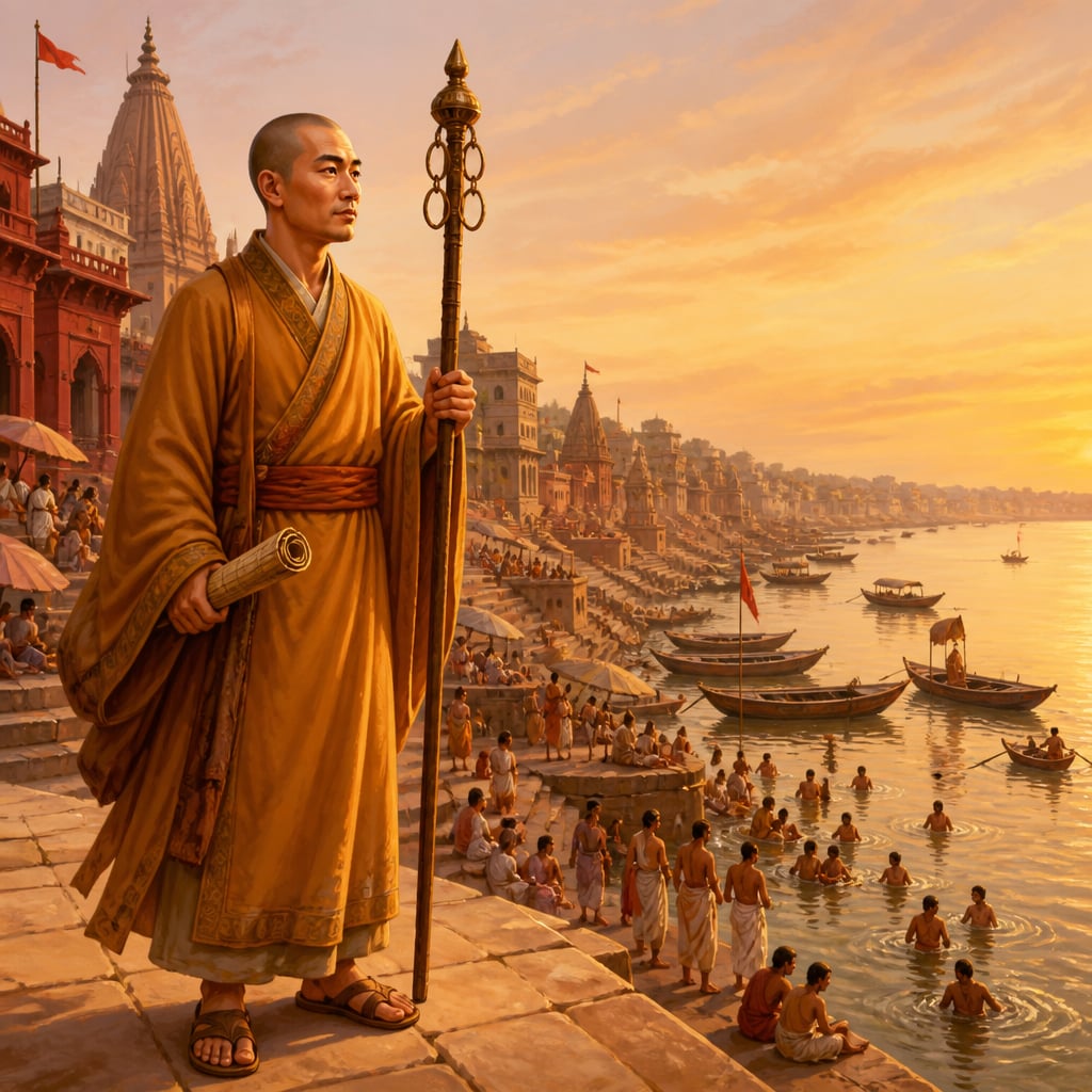 Hiuen Tsang observing the Dashashwamedh Ghat at Varanasi in 635 CE