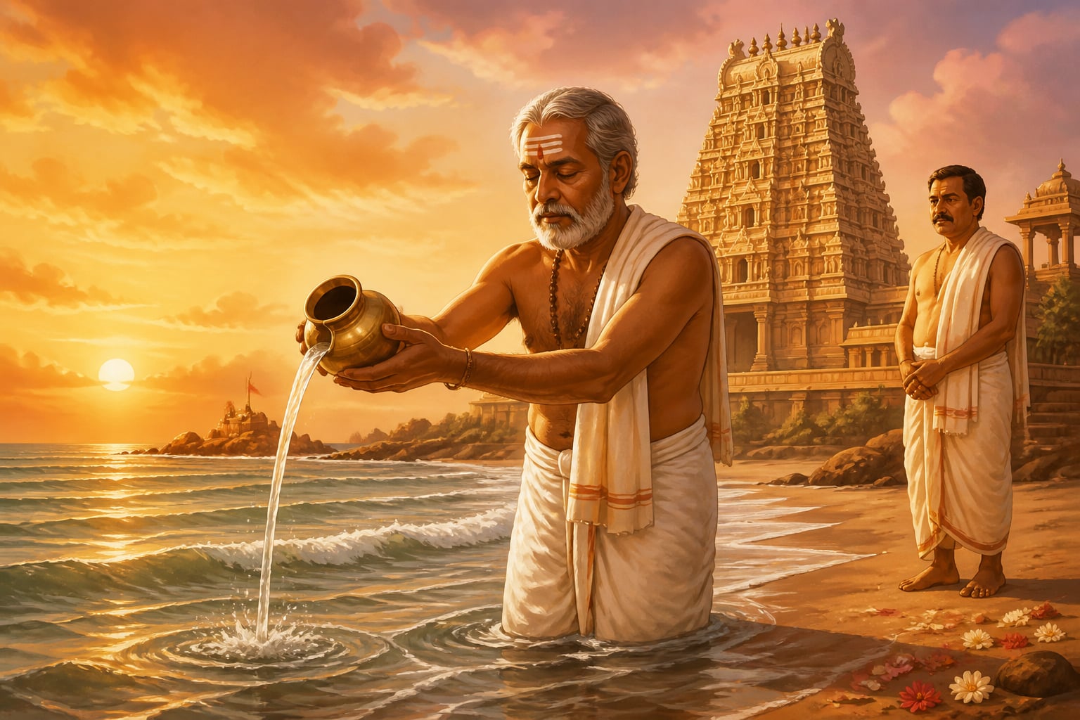 A pilgrim pouring Ganga water into the sea at the Rameshwaram Setu shore