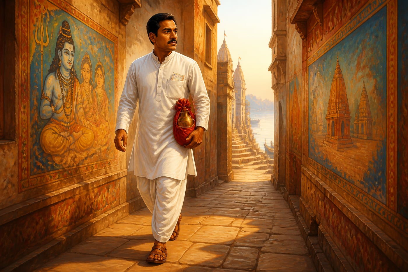 A schoolteacher carrying a brass kalasha of Ganga water through a Varanasi lane